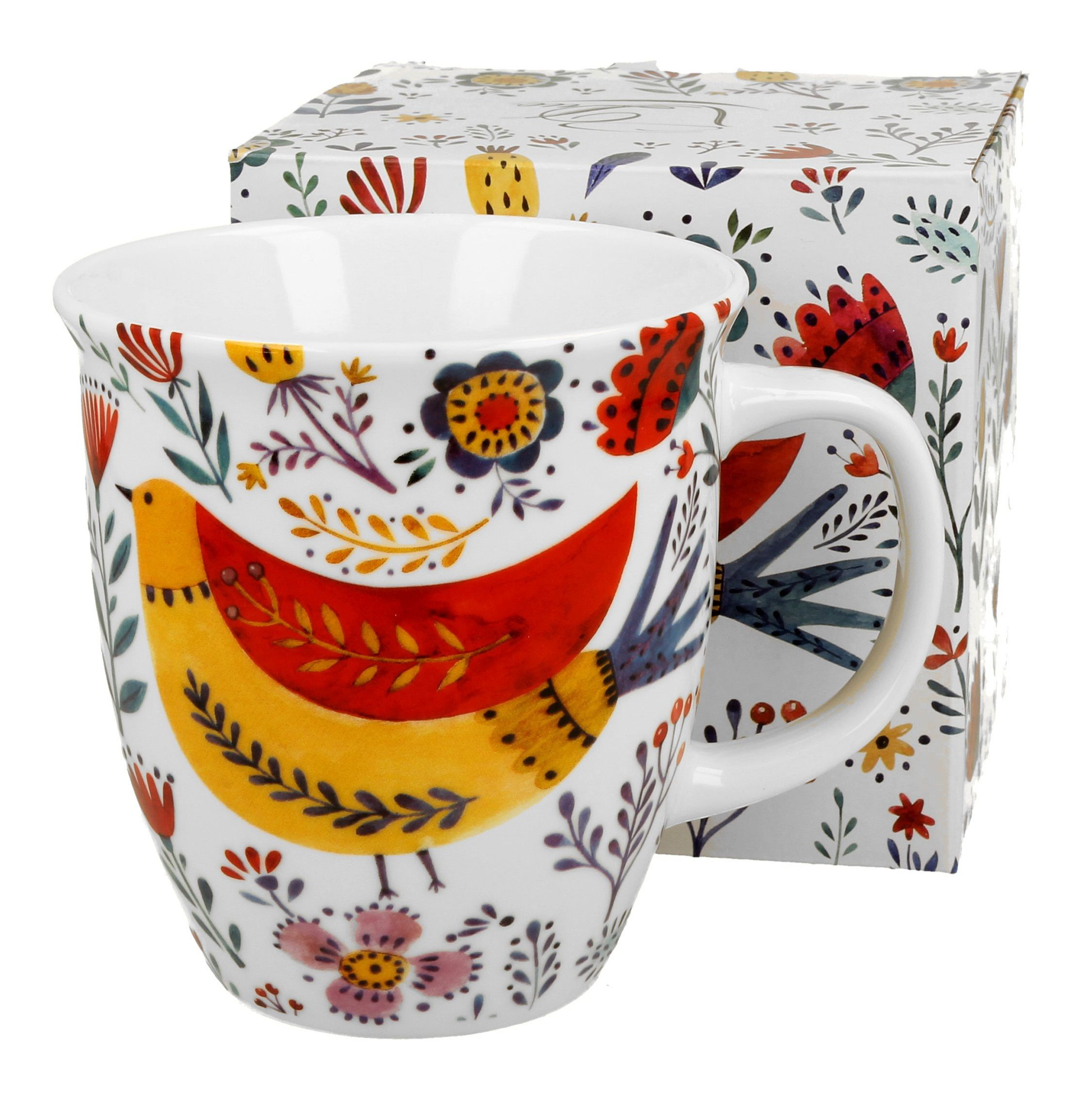 Kubek porcelanowy Kolorowy Ptak 650 ml w komplecie z dekoracyjnym pudełkiem prezentowym.