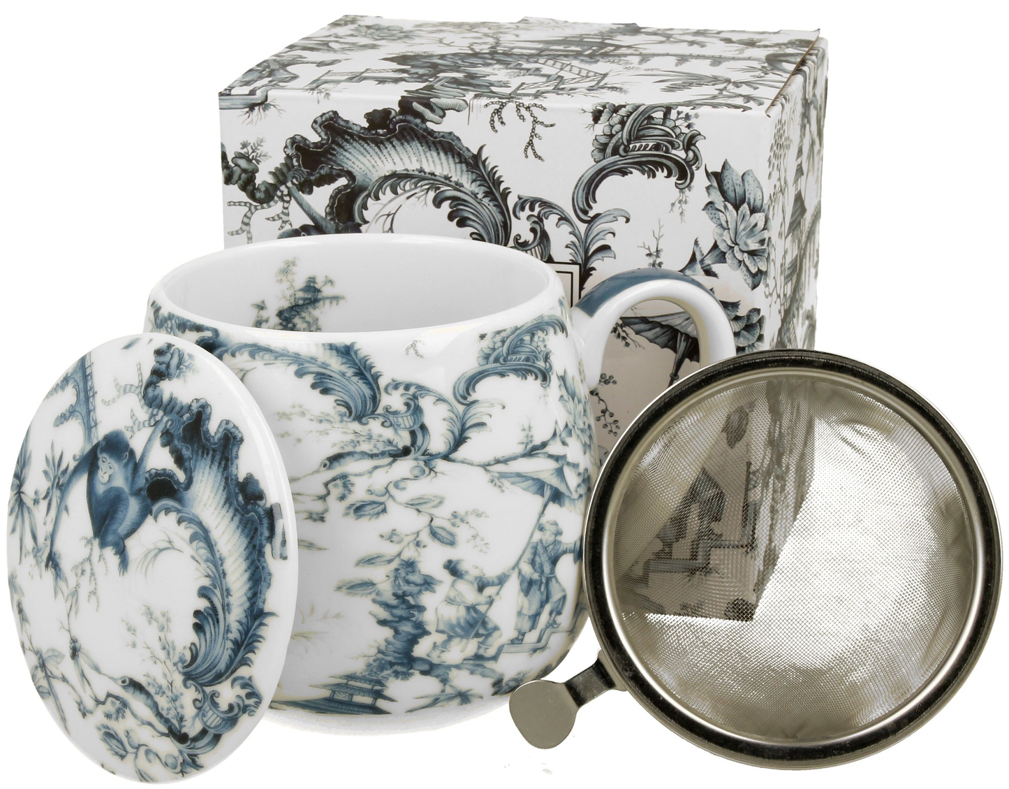 Zestaw: porcelanowy kubek Orient Blue z zaparzaczem, pokrywką i pudełkiem.