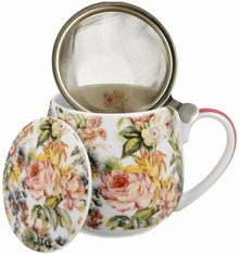 Kubek porcelanowy baryłka Blanca 430 ml z porcelanową pokrywką i kwiatowym wzorem.