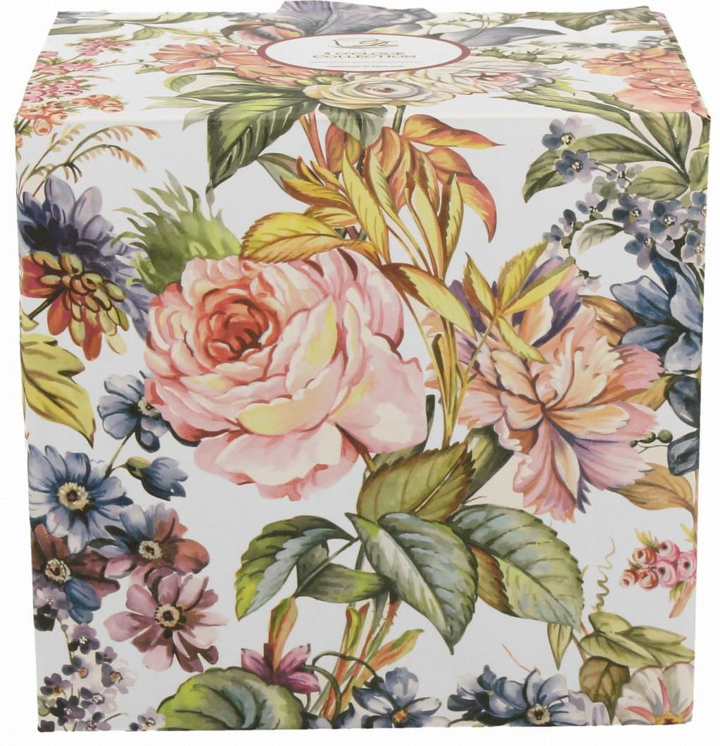 Ozdobne pudełko w pastelowe kwiaty do kubka porcelanowego baryłka z zaparzaczem Blanca.