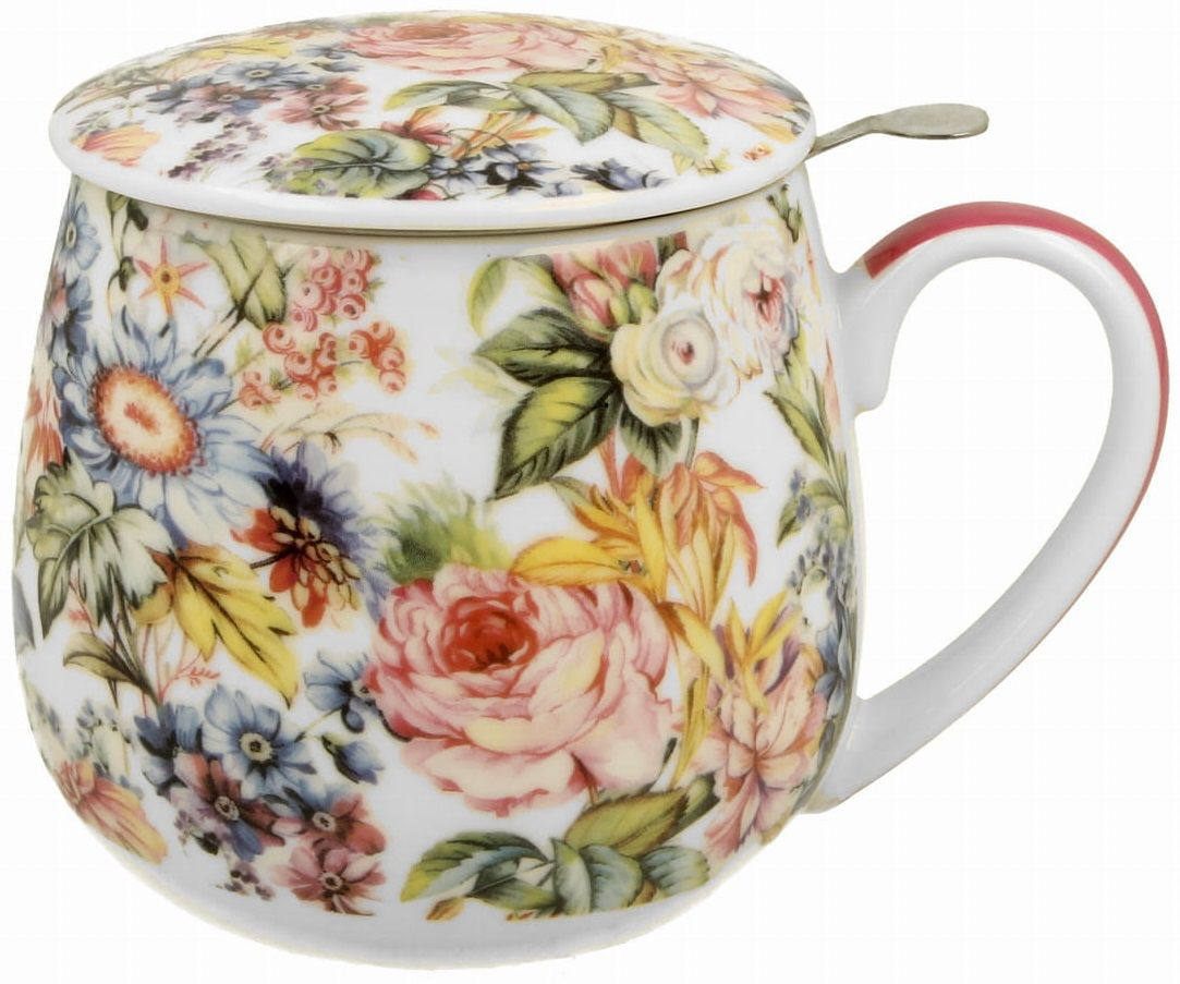 Kubek porcelanowy baryłka Blanca 430 ml otwarty, z widocznym stalowym zaparzaczem.