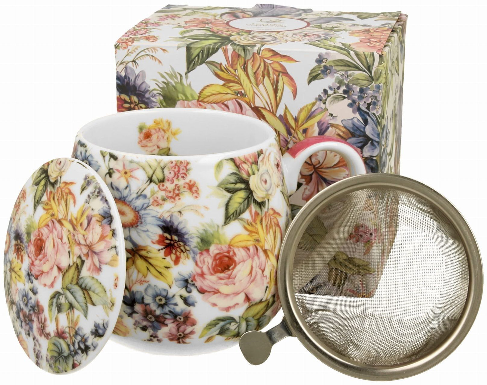 Zestaw kubka baryłka z zaparzaczem i pudełkiem Blanca 430 ml w kwiatowy motyw.