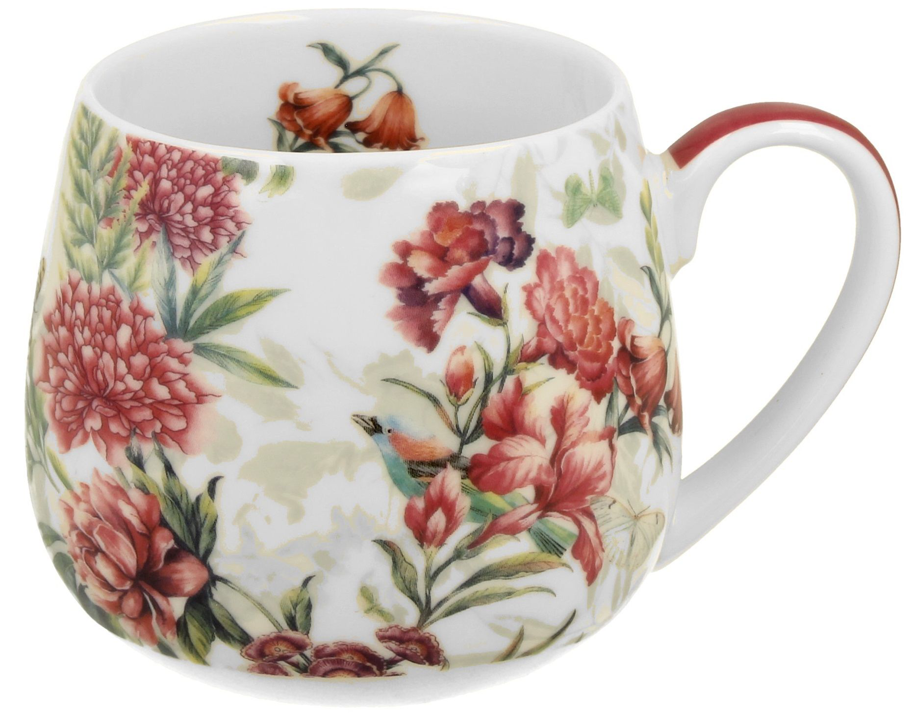 Kubek porcelanowy baryłka Lucia 430 ml z kolorowym wzorem kwiatów i ptaków.