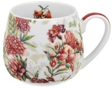 Kubek porcelanowy baryłka Lucia 430 ml z kolorowym wzorem kwiatów i ptaków.