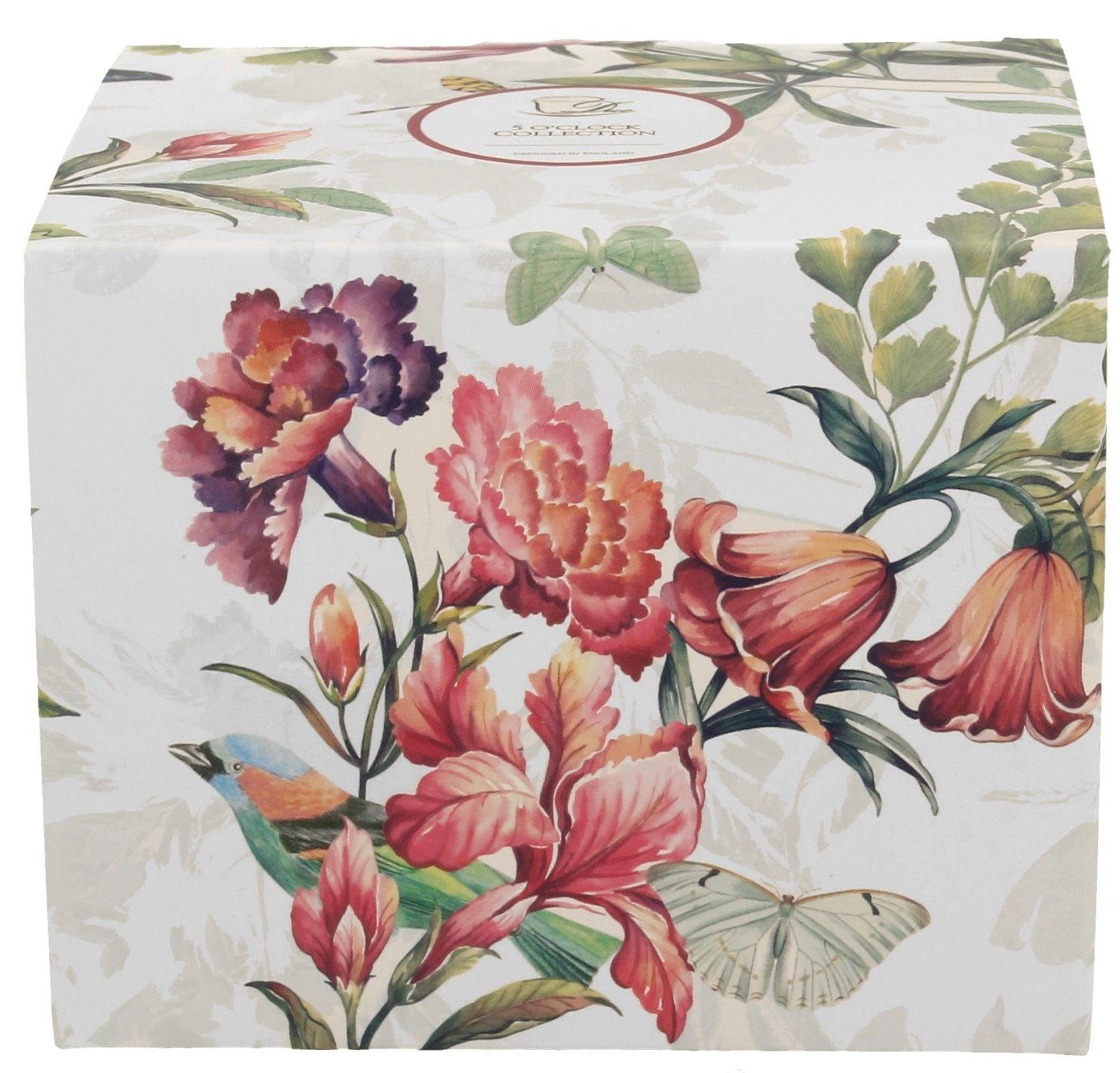 Ozdobne pudełko do kubka porcelanowego baryłka Lucia z motywem kwiatów i motyli.