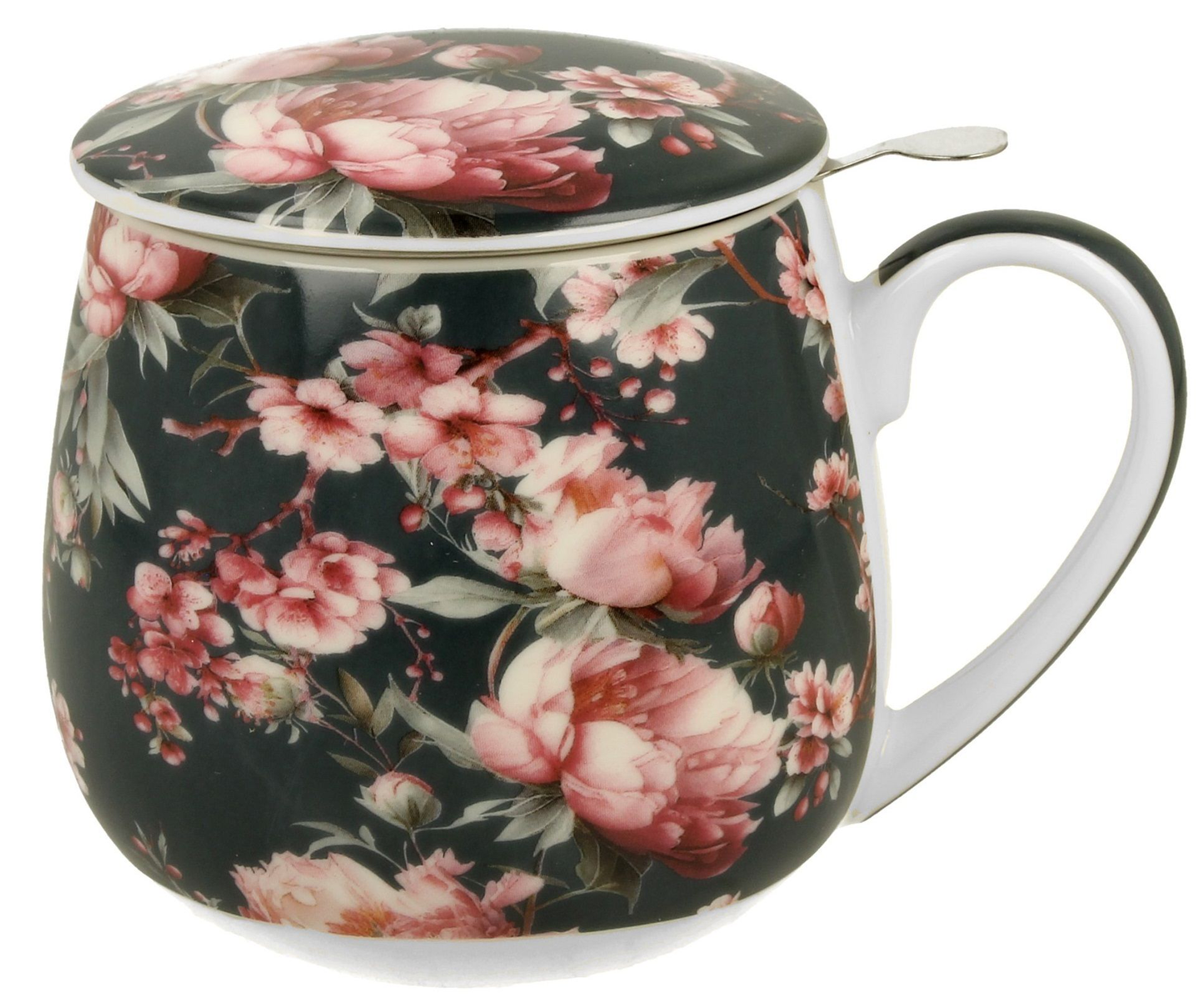 Elegancki kubek porcelanowy Noemi Black 430 ml z kwiatowym wzorem na czarnym tle.