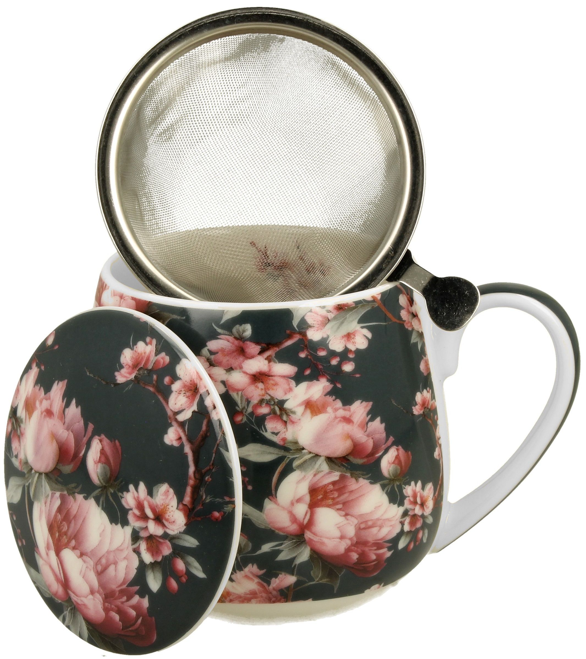 Porcelanowy kubek 430 ml Noemi Black z pokrywką i metalowym zaparzaczem do herbaty.