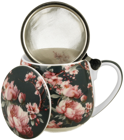 Porcelanowy kubek 430 ml Noemi Black z pokrywką i metalowym zaparzaczem do herbaty.