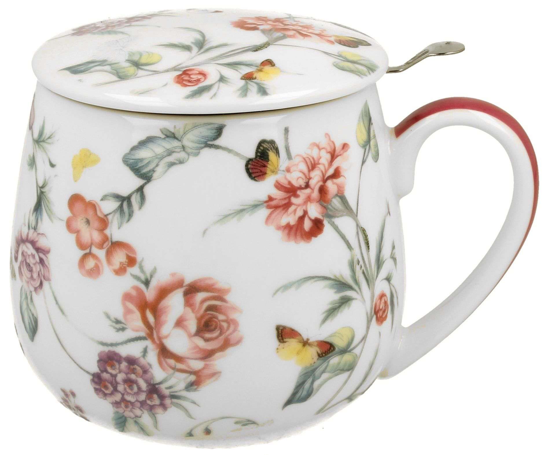 Kubek porcelanowy baryłka Milagros z motywem kwiatowym i pokrywką.