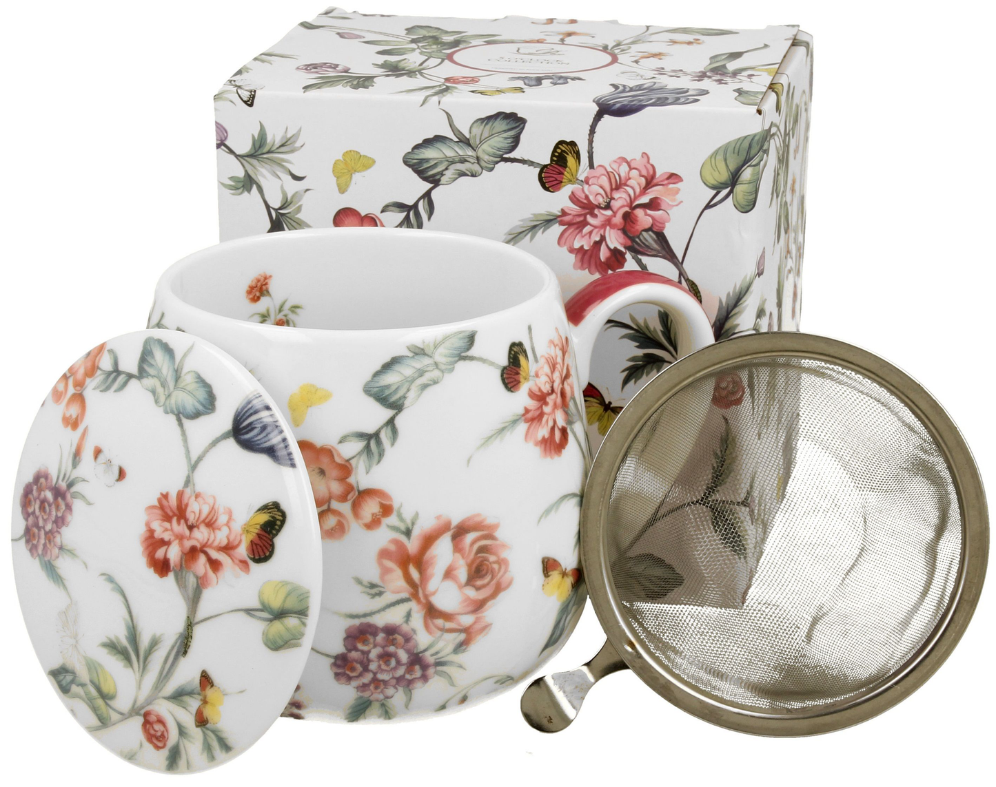 Kubek porcelanowy baryłka Milagros z zaparzaczem, pokrywką i ozdobnym pudełkiem w kwiaty.