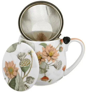 Kubek porcelanowy baryłka Yvonne z metalowym zaparzaczem i pokrywką