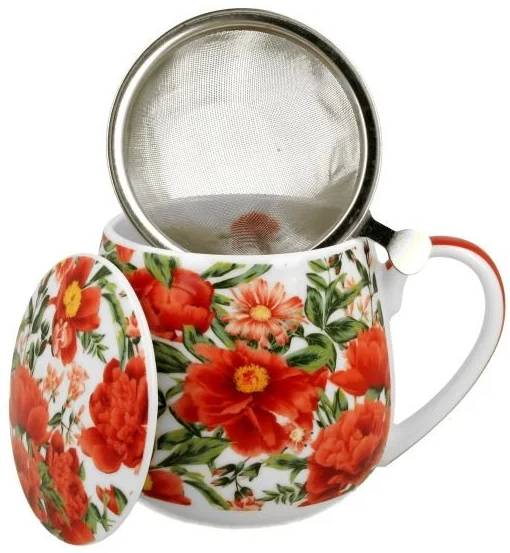 Kubek porcelanowy baryłka z zaparzaczem i pokrywką w czerwone kwiaty
