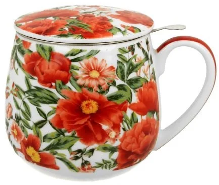 Porcelanowy kubek baryłka w kwiaty z dopasowaną pokrywką