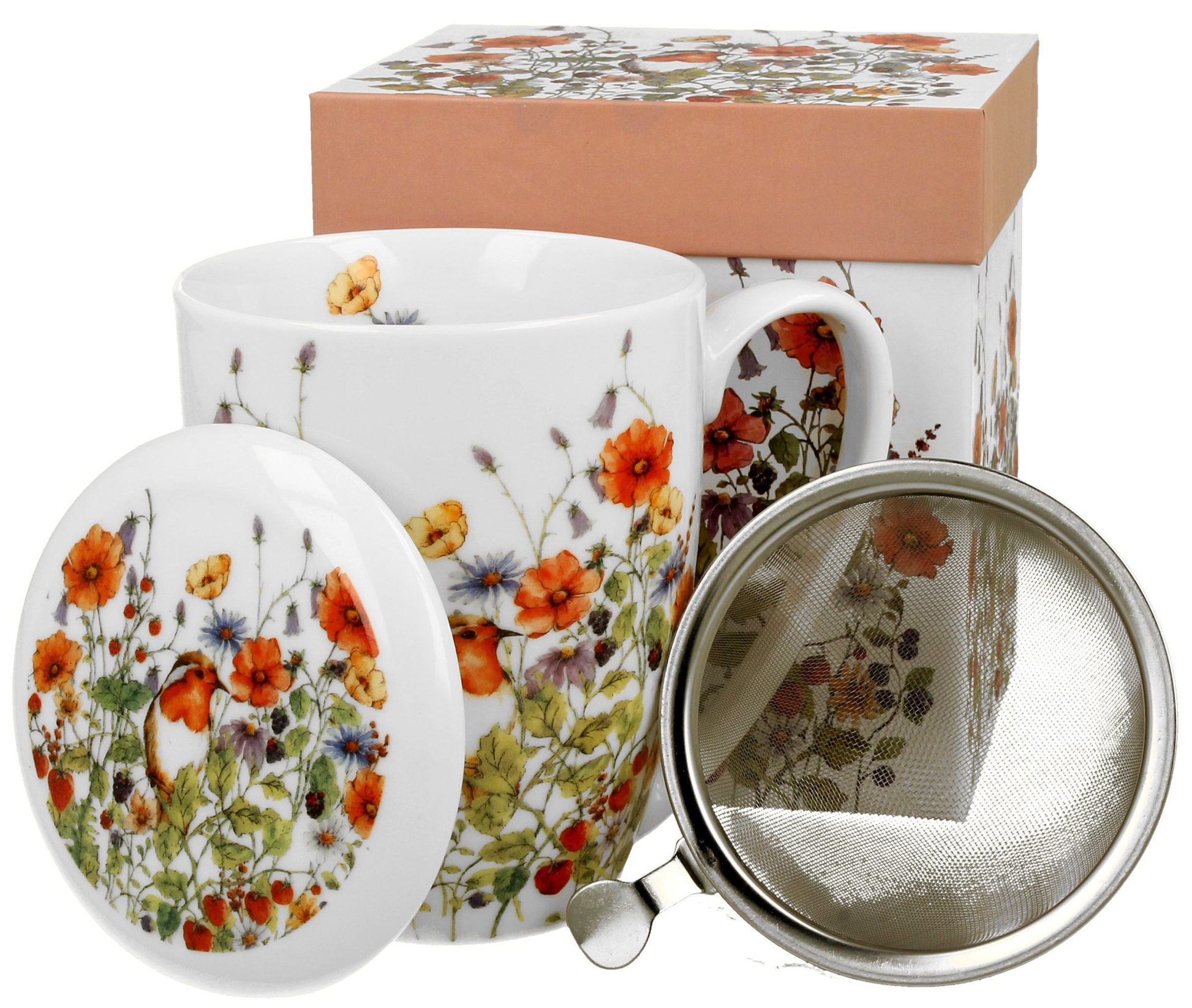 Porcelanowy kubek Wild Bird z motywem polnych kwiatów i ptakiem oraz metalowym zaparzaczem