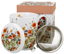 Porcelanowy kubek Wild Bird z motywem polnych kwiatów i ptakiem oraz metalowym zaparzaczem