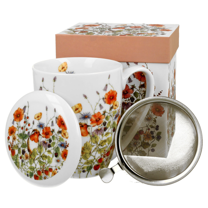 Porcelanowy kubek Wild Bird z motywem polnych kwiatów i ptakiem oraz metalowym zaparzaczem