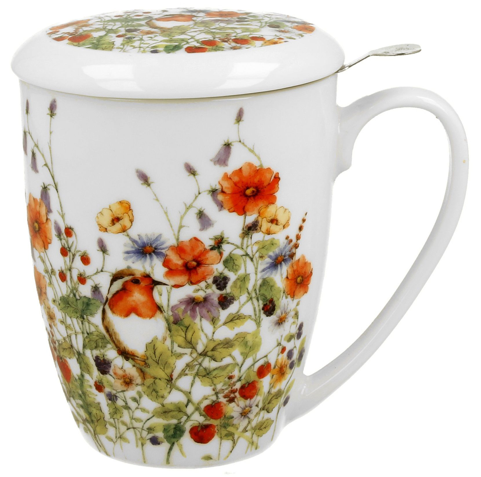 Kubek porcelanowy Wild Bird z pokrywką i barwnym wzorem kwiatów oraz leśnych owoców