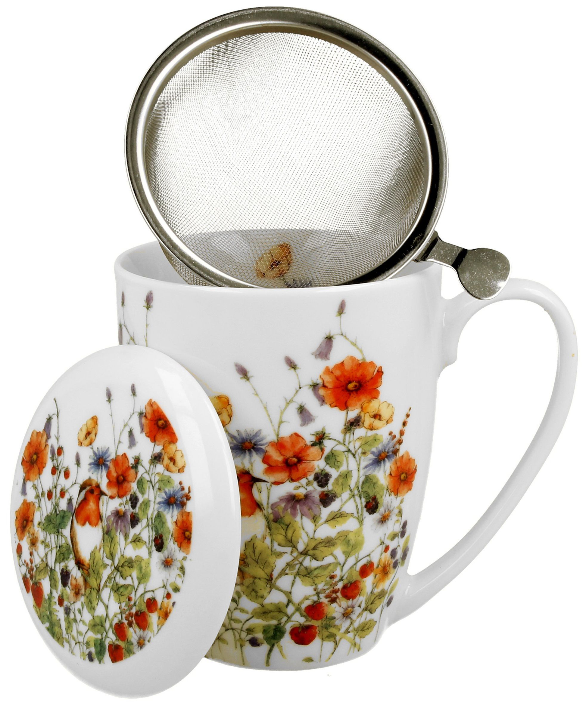 Kubek Wild Bird z metalowym zaparzaczem o drobnej siatce i dekoracją roślinną