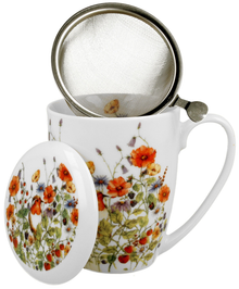 Kubek Wild Bird z metalowym zaparzaczem o drobnej siatce i dekoracją roślinną