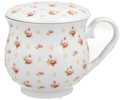 Elegancki kubek porcelanowy Eleni z subtelnym kwiatowym motywem, przykryty porcelanową pokrywką, stojący na białym tle.