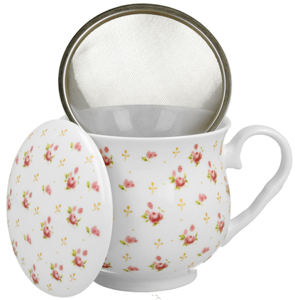 Kubek porcelanowy Eleni o pojemności 530 ml z delikatnym wzorem róż, pokazany z otwartym metalowym zaparzaczem i dopasowaną pokrywką obok.