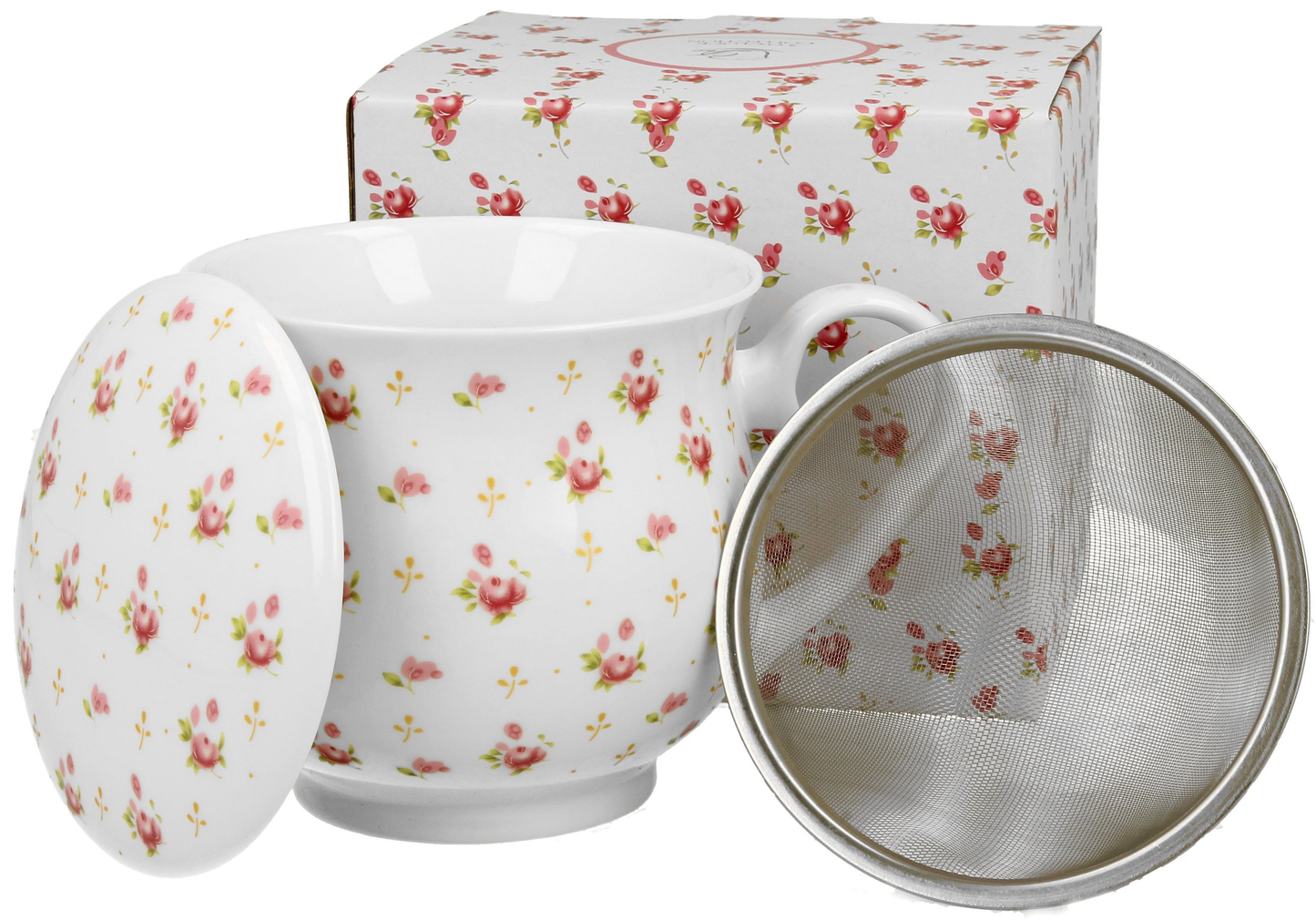 Zestaw Eleni: porcelanowy kubek z zaparzaczem i pokrywką, w tle widoczne dopasowane pudełko ozdobione drobnymi różowymi kwiatami.