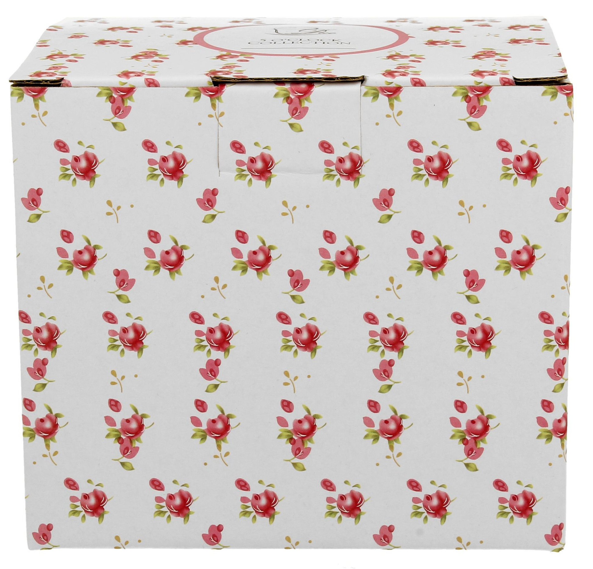 Białe pudełko ozdobione drobnym, różowym wzorem kwiatów, w którym zapakowany jest porcelanowy kubek z zaparzaczem Eleni.