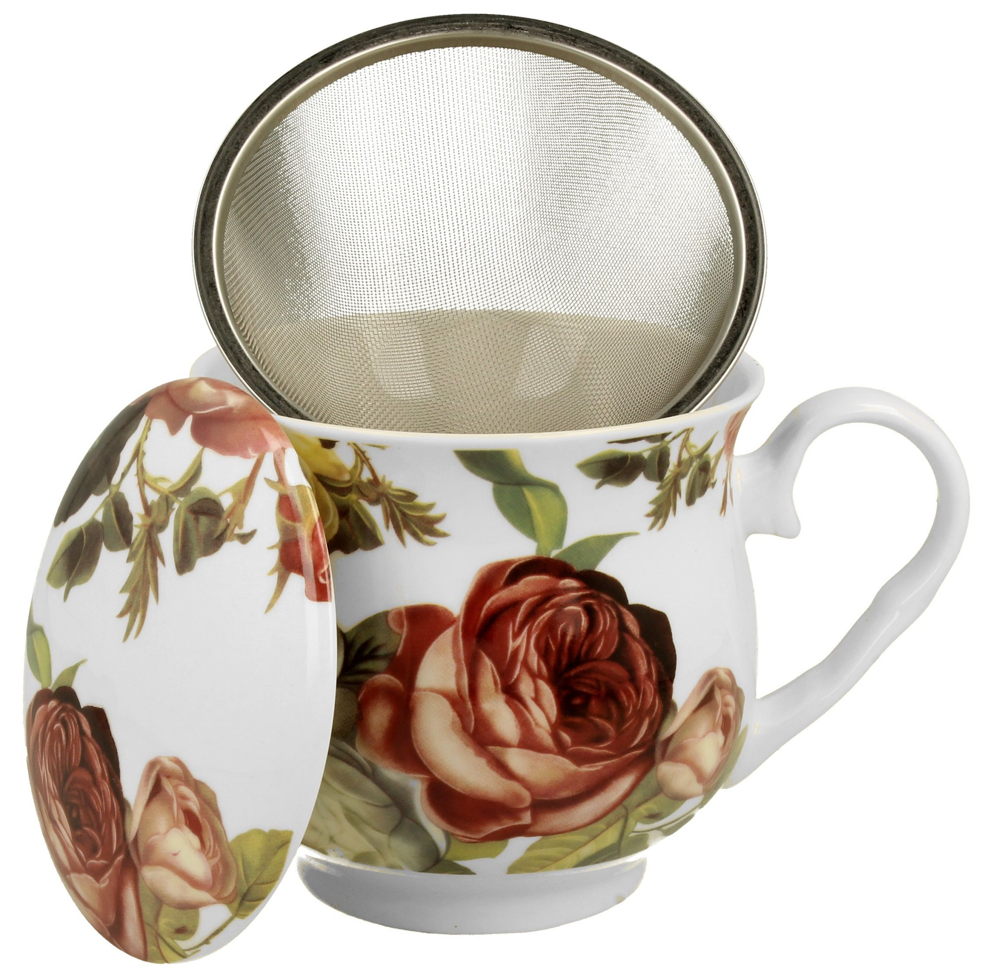 Kubek porcelanowy Kasandra o pojemności 530 ml, zaprezentowany z metalowym zaparzaczem i porcelanową przykrywką.