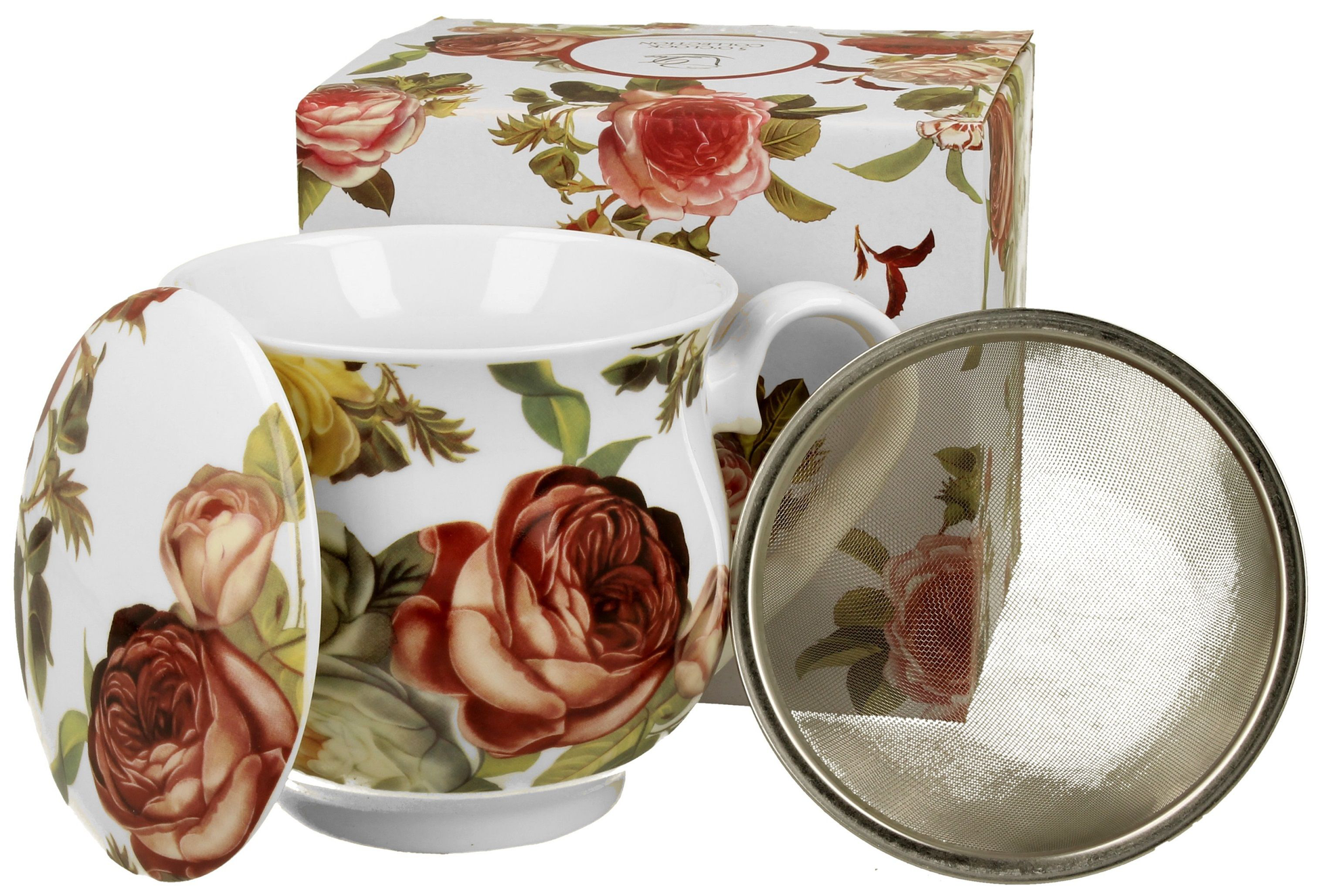 Zestaw: kubek porcelanowy Kasandra 530 ml, zaparzacz i pokrywka na tle ozdobnego pudełka prezentowego.