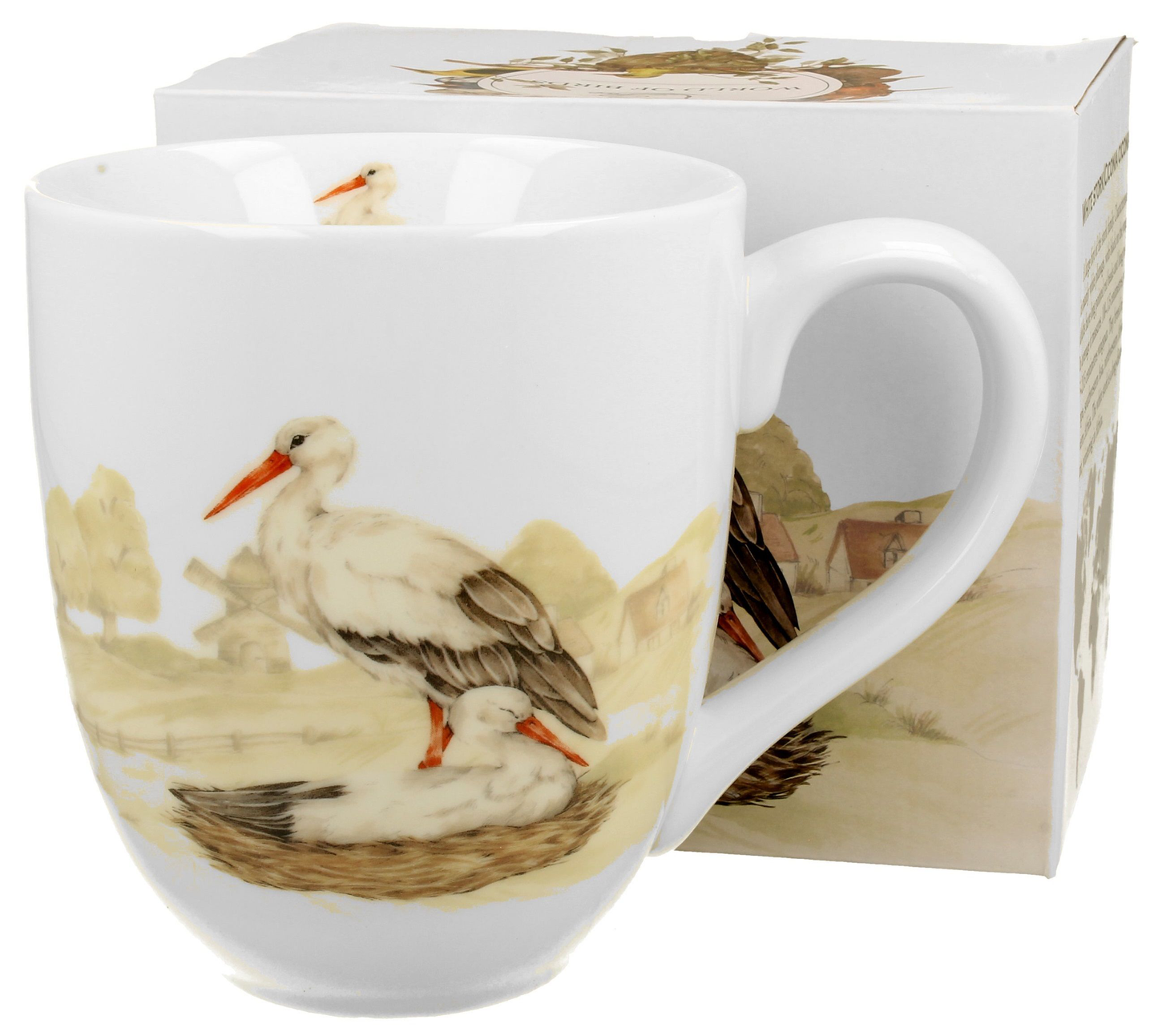 Kubek porcelanowy Bociany 1000 ml zaprezentowany obok ozdobnego pudełka