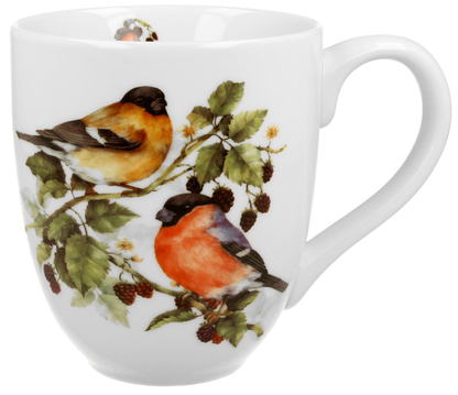 Bok kubka XXL Ptasi Świat Gile z motywem ptaków na gałązkach jeżyn.