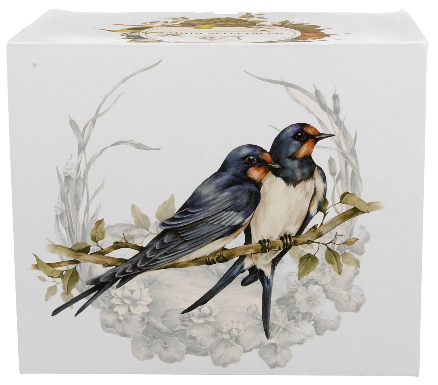 Pudełko prezentowe z kolekcji World of Birds z motywem różnych ptaków, w tym jaskółek.