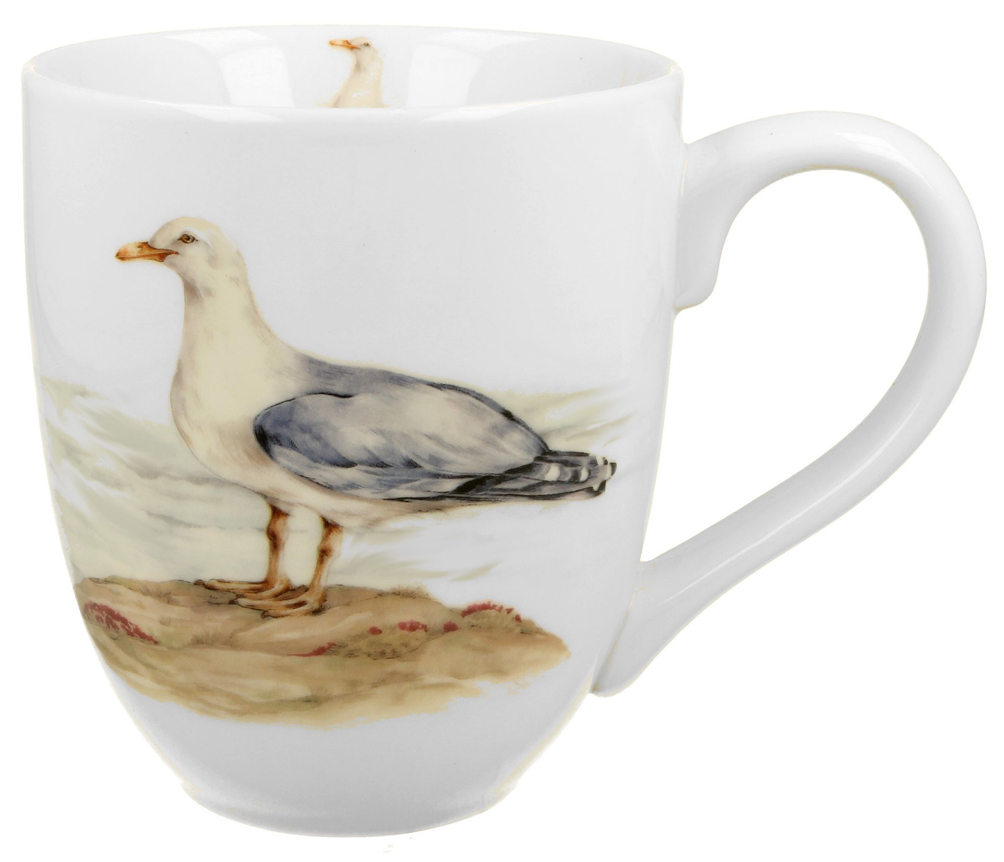 Porcelanowy kubek z mewą srebrzystą na tle morza