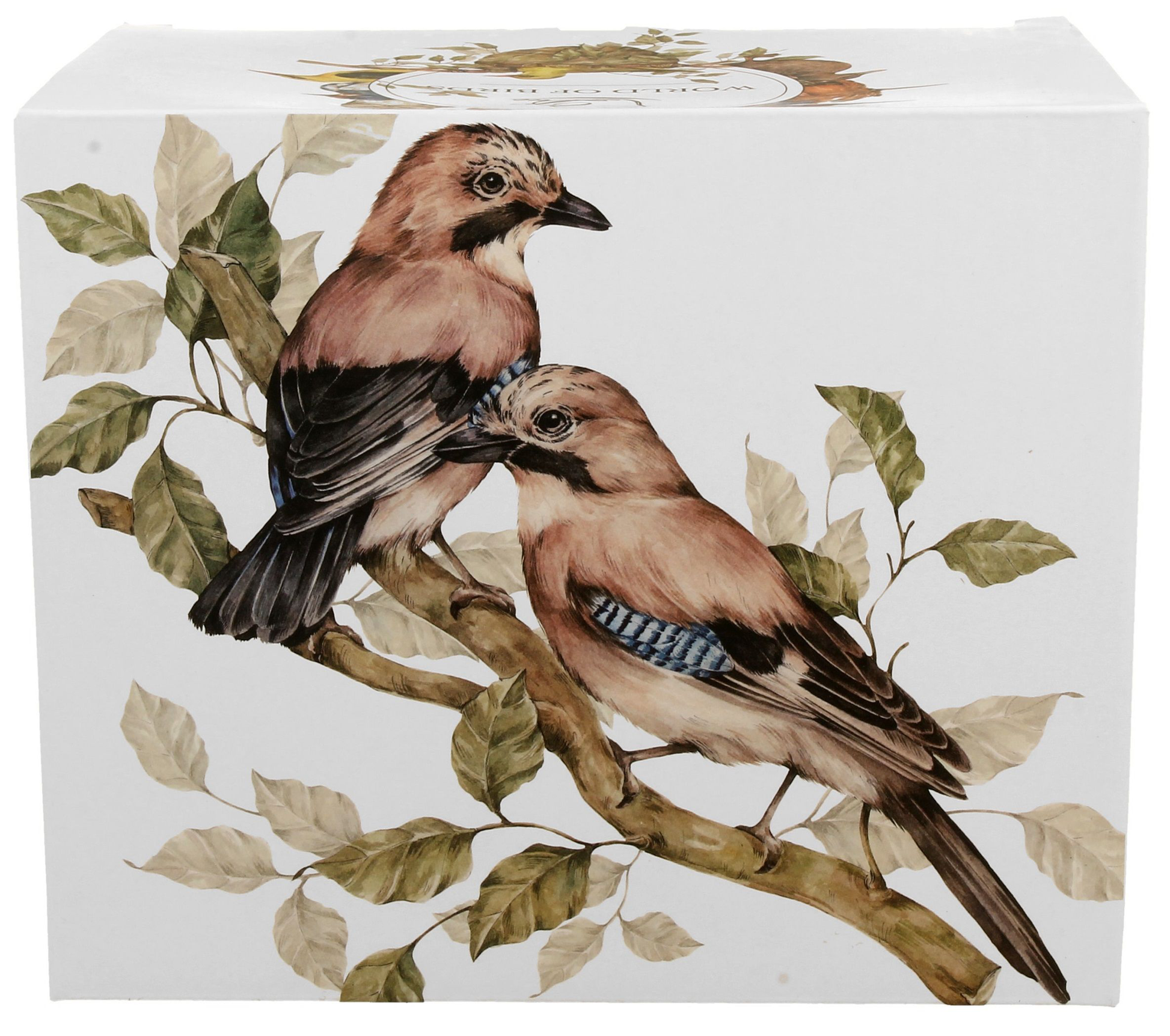 Ilustracja dwóch sójek zwyczajnych siedzących na gałęzi.