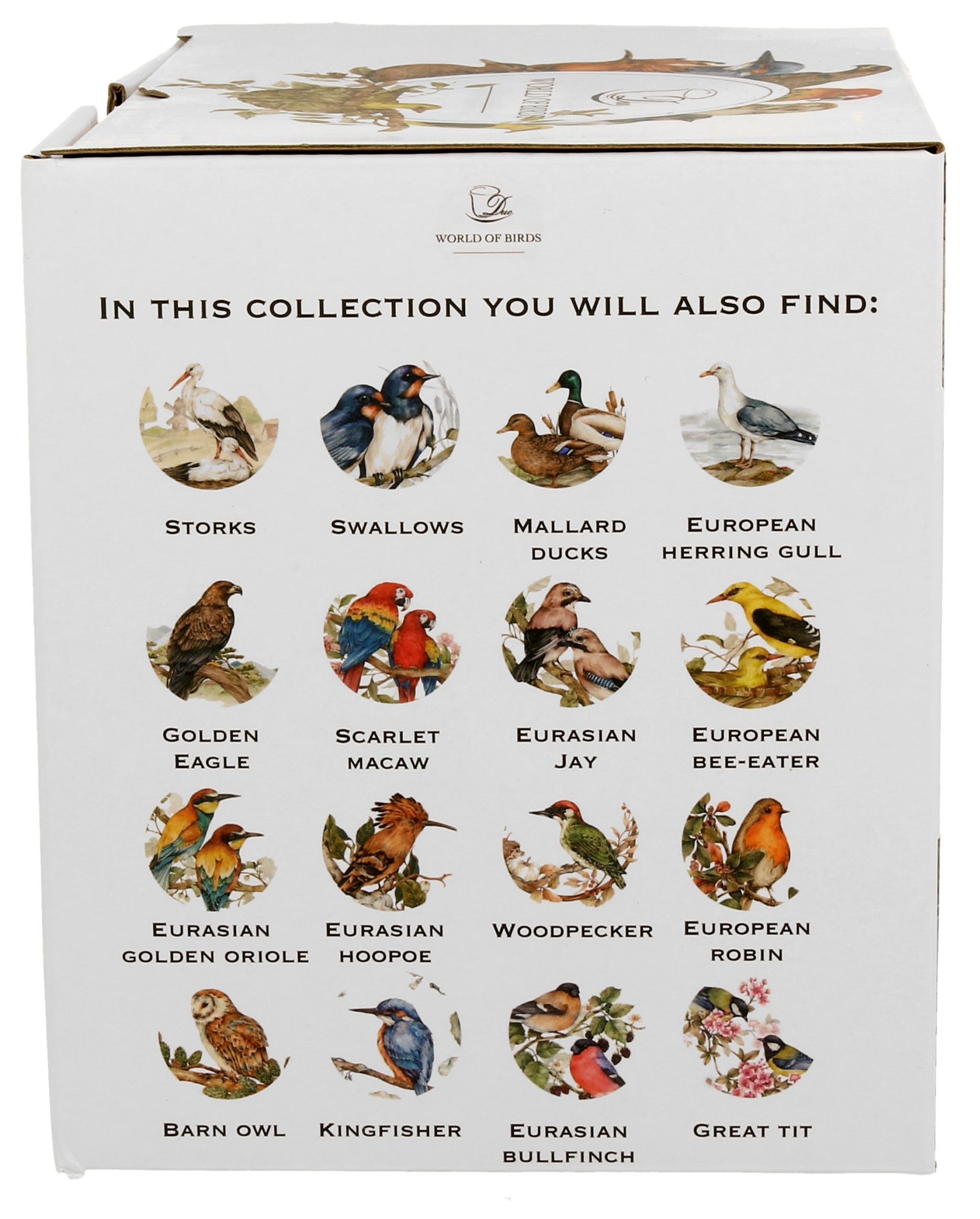 Pudełko kolekcji World of Birds z przeglądem dostępnych wzorów ptaków.