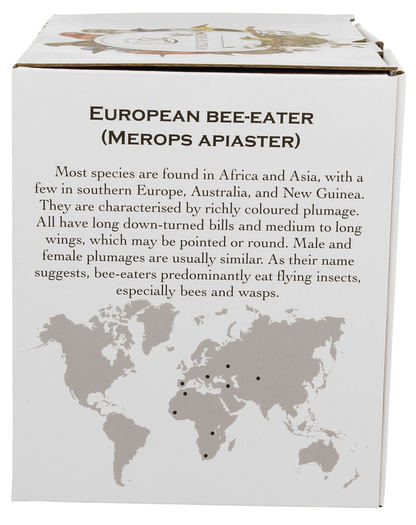 Opakowanie kubka porcelanowego XXL Żołny 1000 ml z opisem gatunku i mapą występowania.