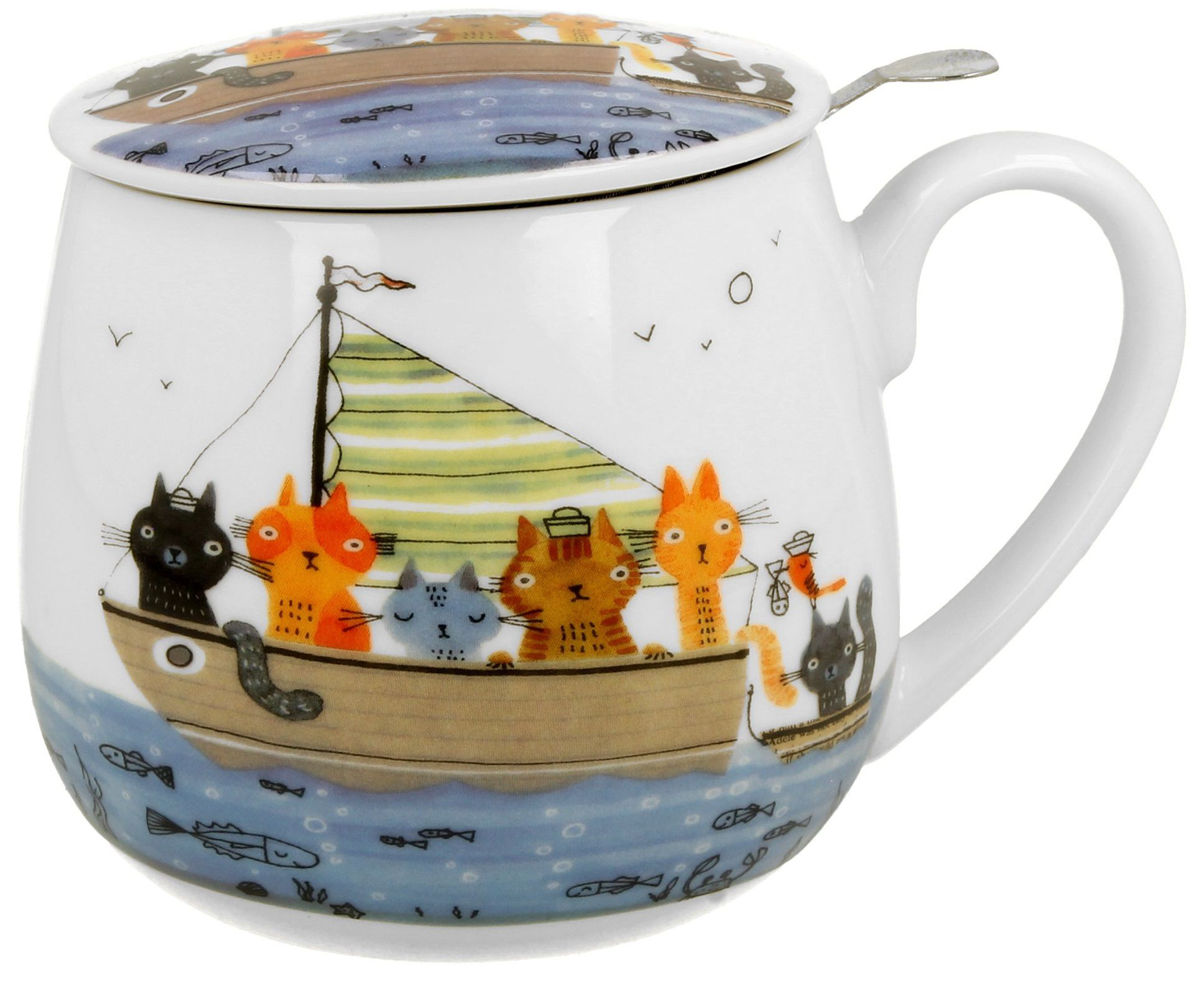 Kubek baryłka porcelanowy Marynarze 430 ml z przykrywką i marynistycznym wzorem kotów.