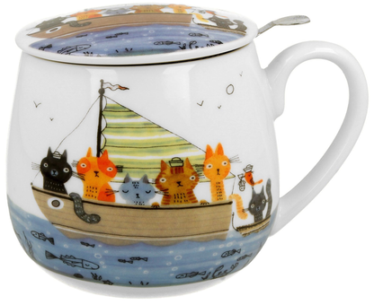 Kubek baryłka porcelanowy Marynarze 430 ml z przykrywką i marynistycznym wzorem kotów.