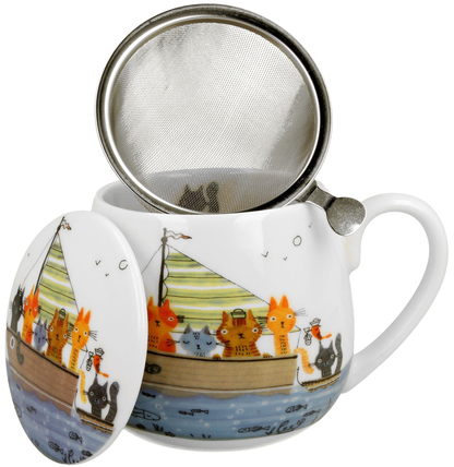 Kubek baryłka porcelanowy Marynarze 430 ml z zaparzaczem i pokrywką.