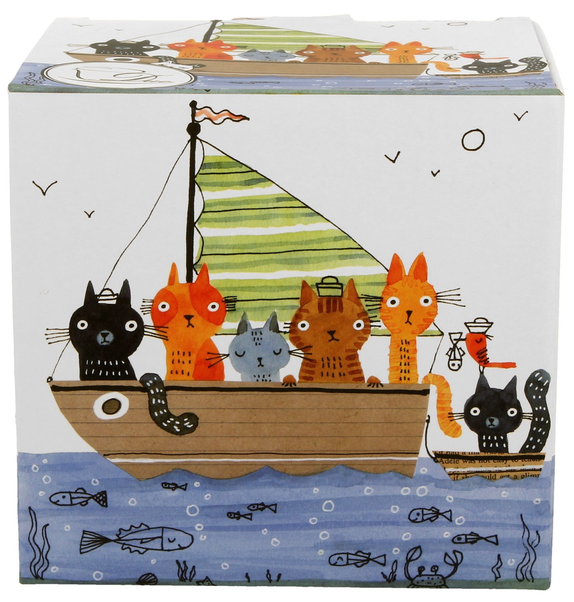 Ozdobne pudełko z motywem kotów marynarzy – kubek baryłka porcelanowy 430 ml.