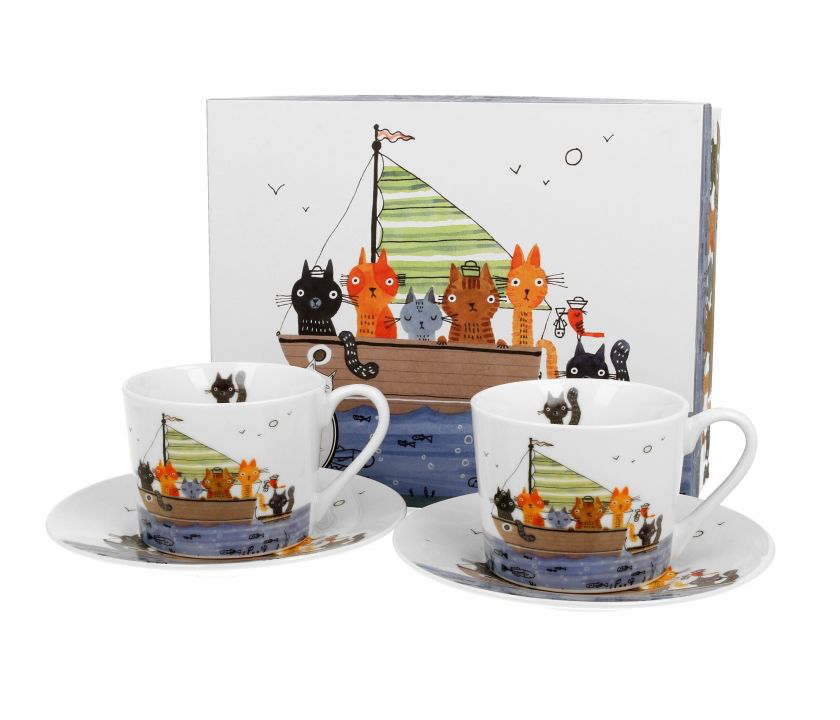 Zestaw prezentowy – filiżanki ze spodkami w ozdobnym pudełku z kotami marynarzami.