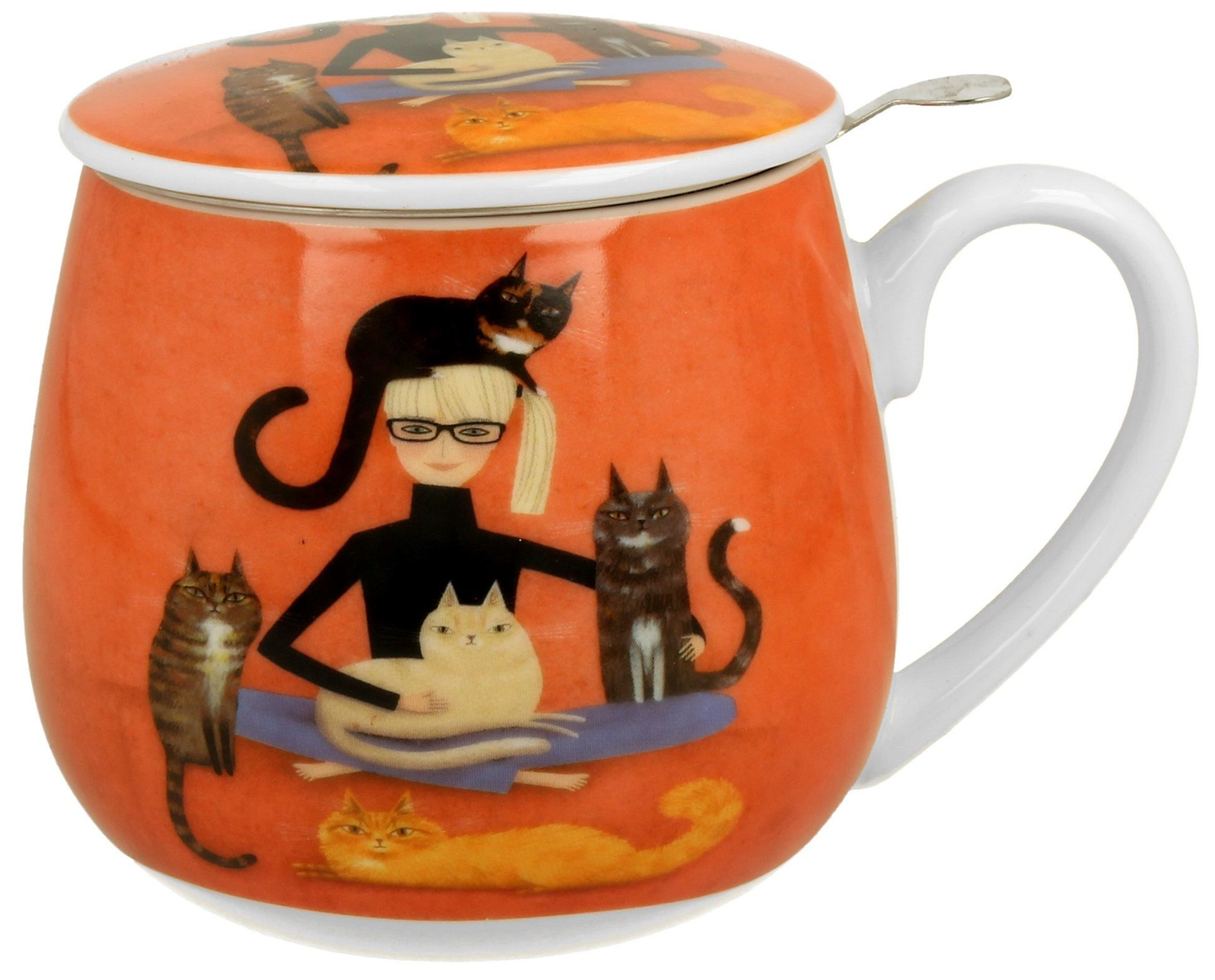 Kubek Cindy i Kot z porcelanową pokrywką i barwnym motywem kotów.