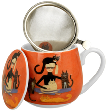 Kubek porcelanowy Cindy i Kot 430 ml z zaparzaczem ze stali nierdzewnej i pokrywką.