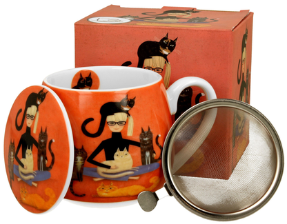 Zestaw Cindy i Kot – kubek baryłka 430 ml z zaparzaczem, pokrywką i ozdobnym pudełkiem.