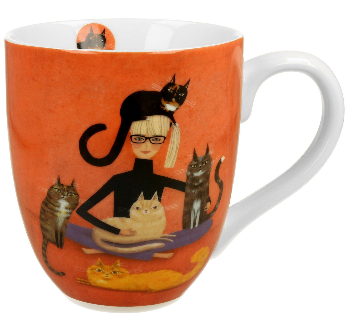 Porcelanowy kubek XXL Cindy i Kot 1000 ml z ilustracją kobiety i kotów.