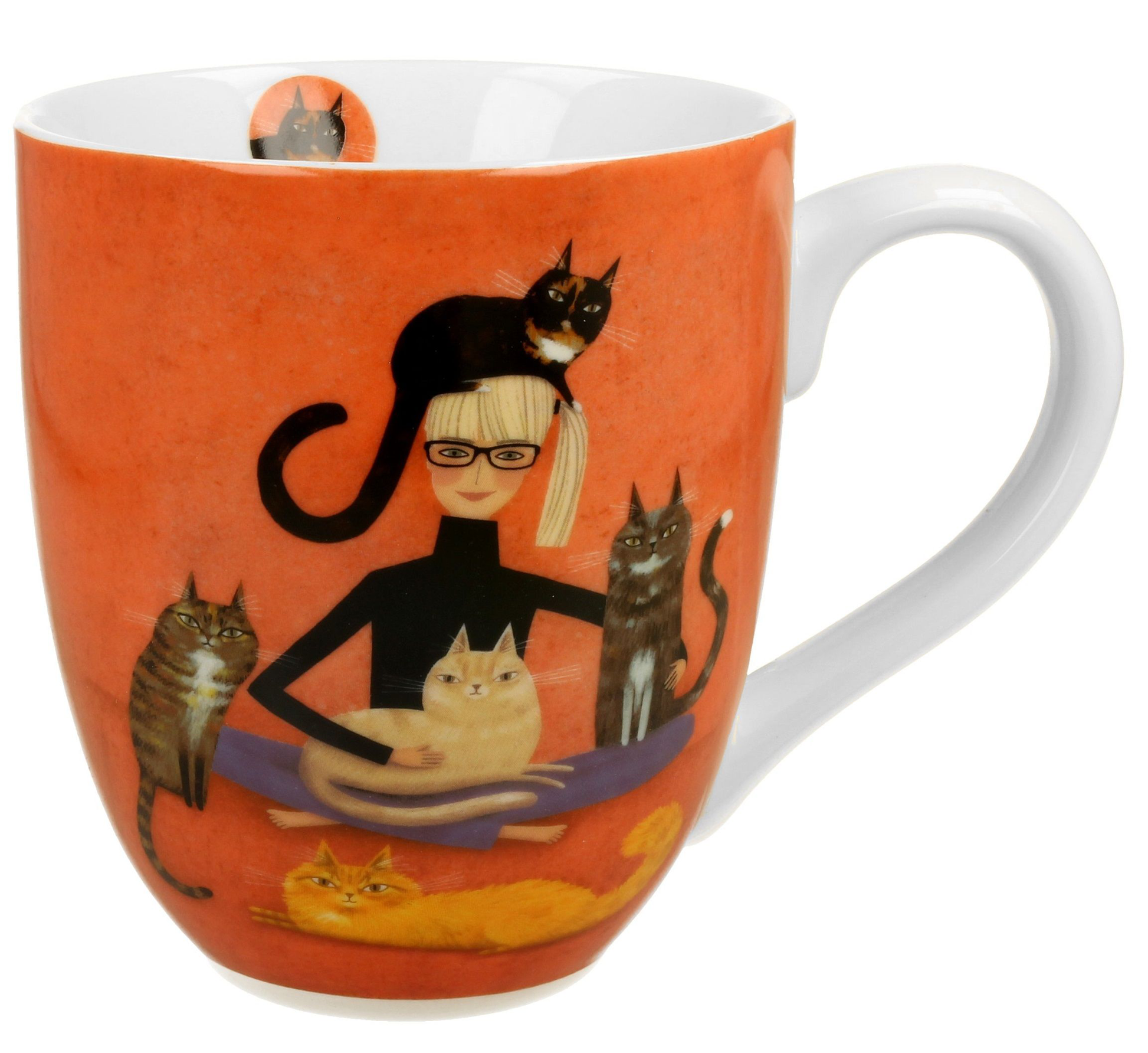 Porcelanowy kubek XXL Cindy i Kot 1000 ml z ilustracją kobiety i kotów.