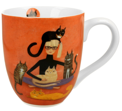 Porcelanowy kubek XXL Cindy i Kot 1000 ml z ilustracją kobiety i kotów.