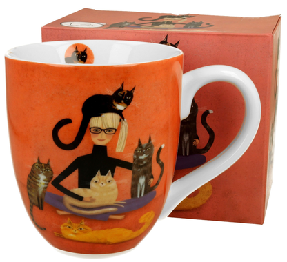 Komplet: porcelanowy kubek XXL Cindy i Kot 1000 ml wraz z ozdobnym pudełkiem.