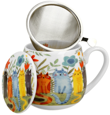 Kubek porcelanowy baryłka Koty Ogrodowe 430 ml z pokrywką i motywem kotów w ogrodzie.