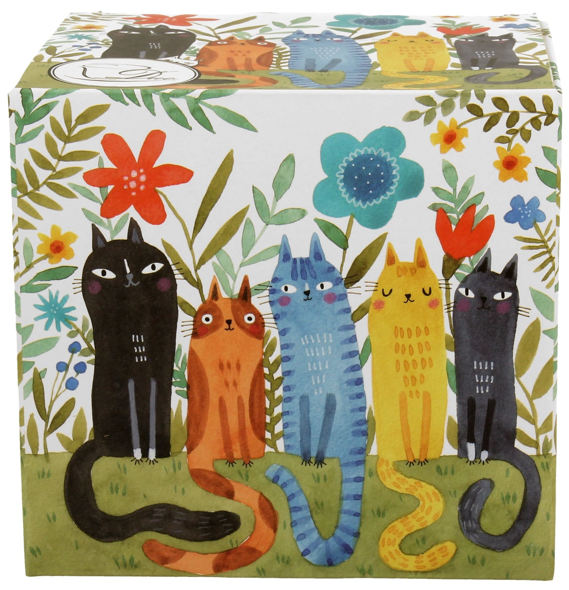 Ozdobne pudełko w kolorowe koty i kwiaty do kubka porcelanowego baryłka Koty Ogrodowe.